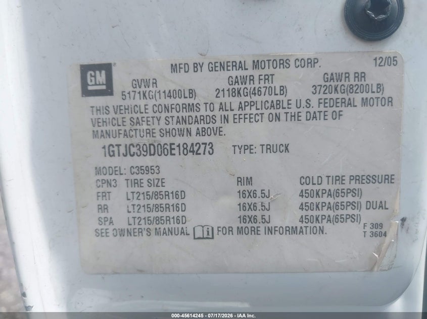 2006 GMC VIN 1GTJC39D06E184273 nuotrauka 8