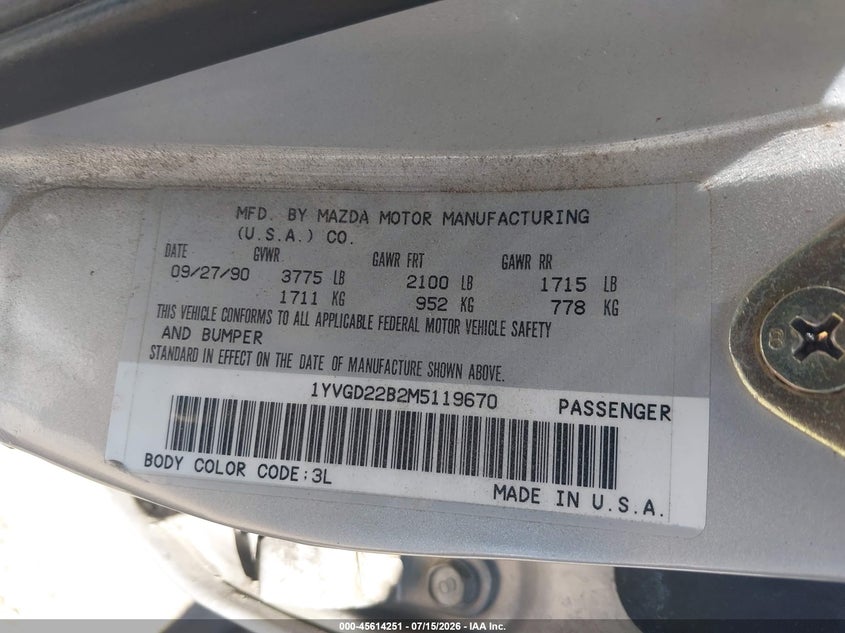 1991 Mazda 626 Dx/Lx VIN: 1YVGD22B2M5119670 Lot: 45614251