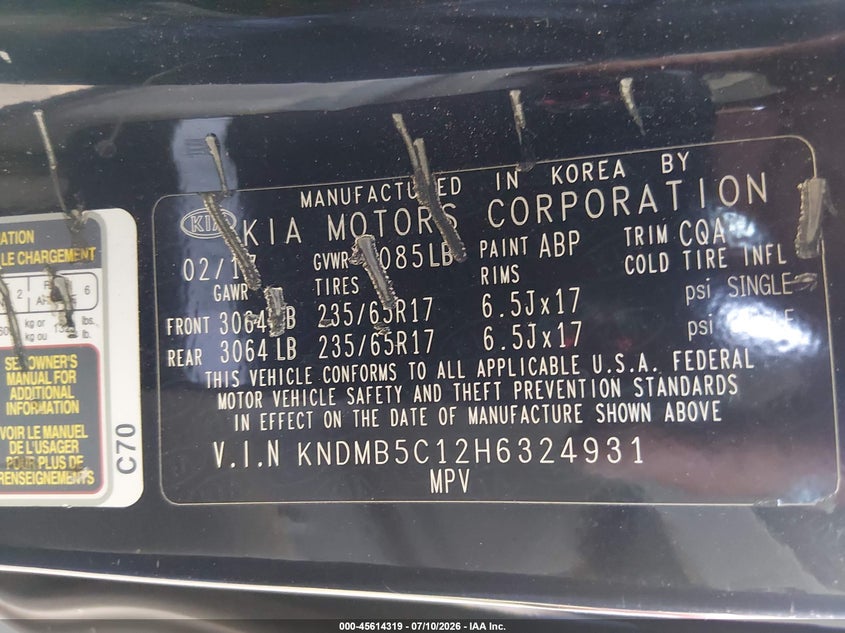 2017 Kia Sedona Lx VIN: KNDMB5C12H6324931 Lot: 45614319