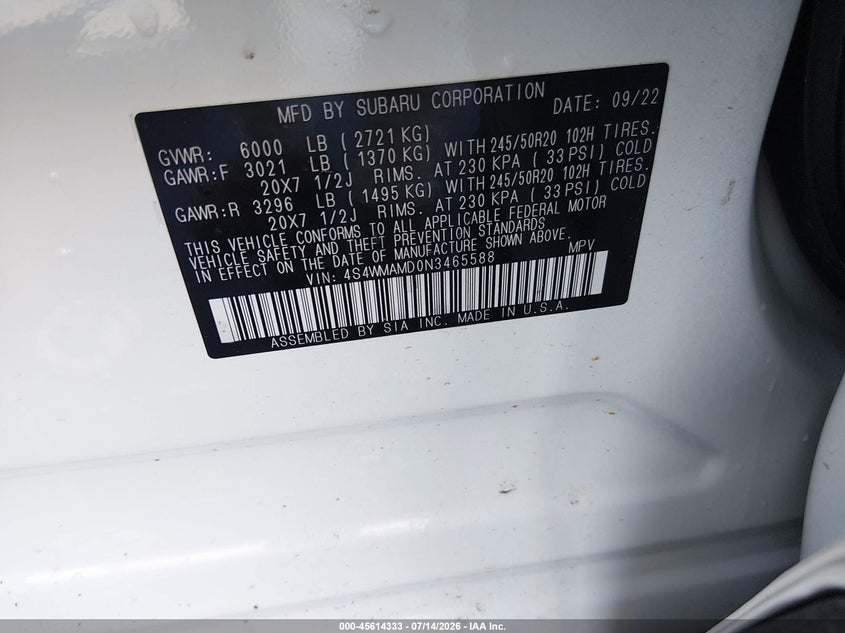 2022 Subaru Ascent Limited VIN: 4S4WMAMD0N3465588 Lot: 45614333