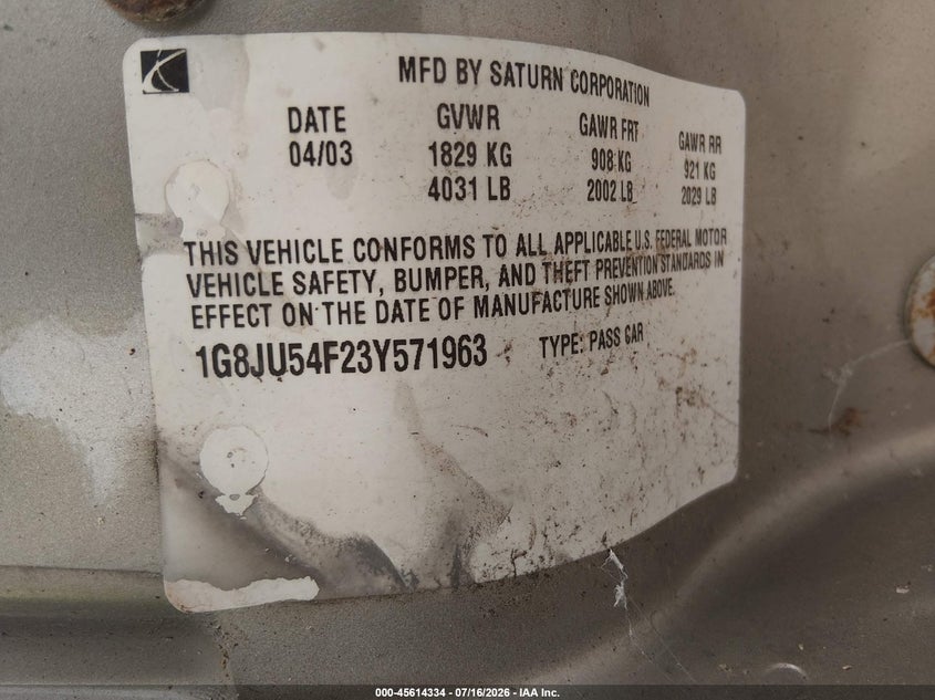 2003 Saturn L-Series L200 VIN: 1G8JU54F23Y571963 Lot: 45614334