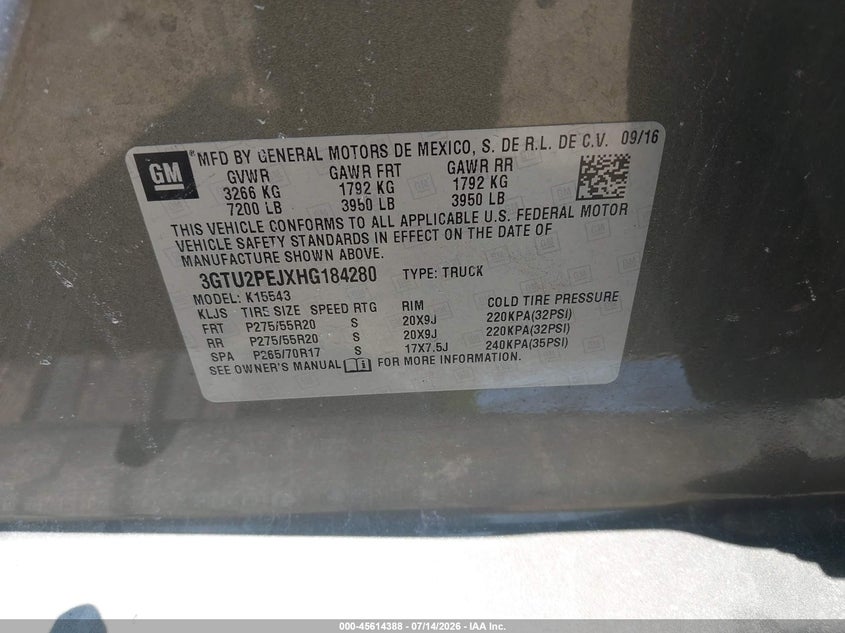 2017 GMC Sierra 1500 Denali VIN: 3GTU2PEJXHG184280 Lot: 45614388