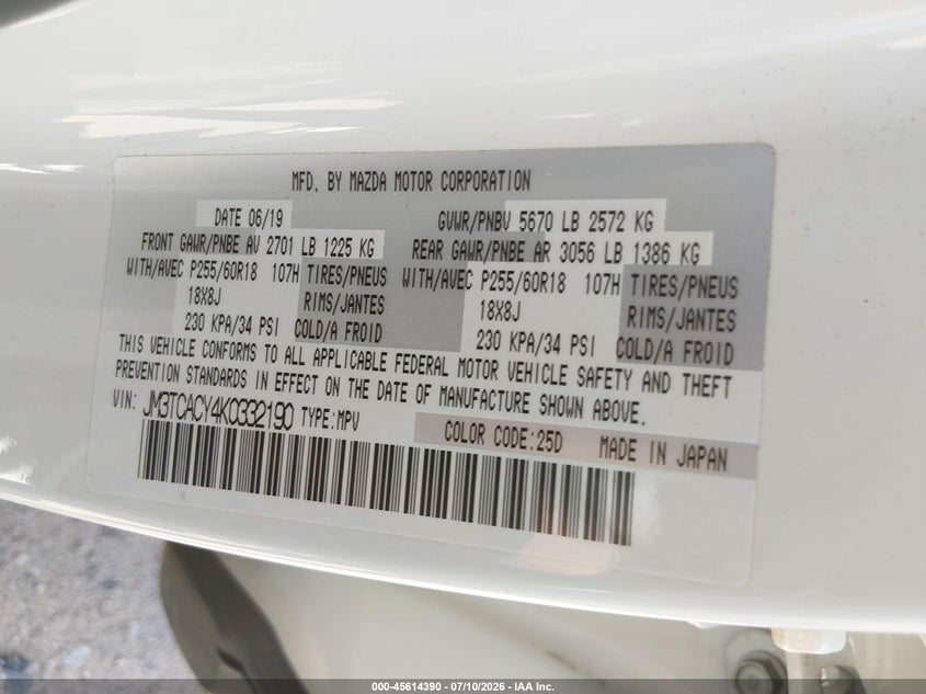 2019 Mazda Cx-9 Touring VIN: JM3TCACY4K0332190 Lot: 45614390