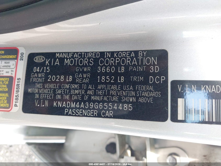 2016 Kia Rio Lx VIN: KNADM4A39G6554485 Lot: 45614401