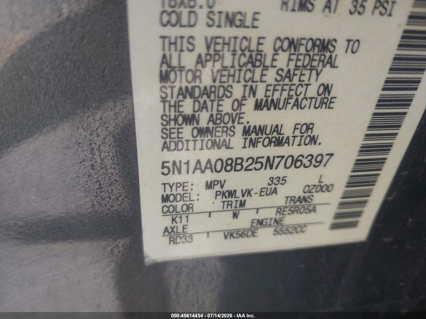 2005 Nissan Armada Le VIN: 5N1AA08B25N706397 Lot: 45614434