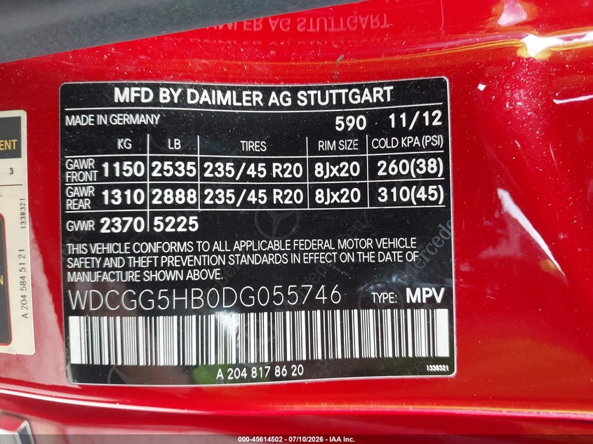 2013 Mercedes-Benz Glk 350 VIN: WDCGG5HB0DG055746 Lot: 45614502