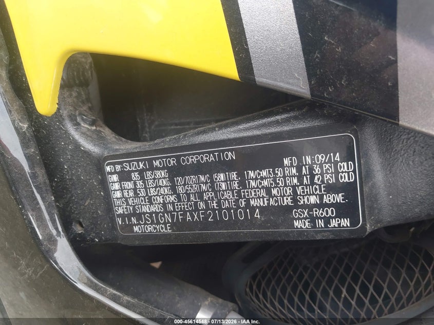 2015 Suzuki Gsx-R600 VIN: JS1GN7FAXF2101014 Lot: 45614548