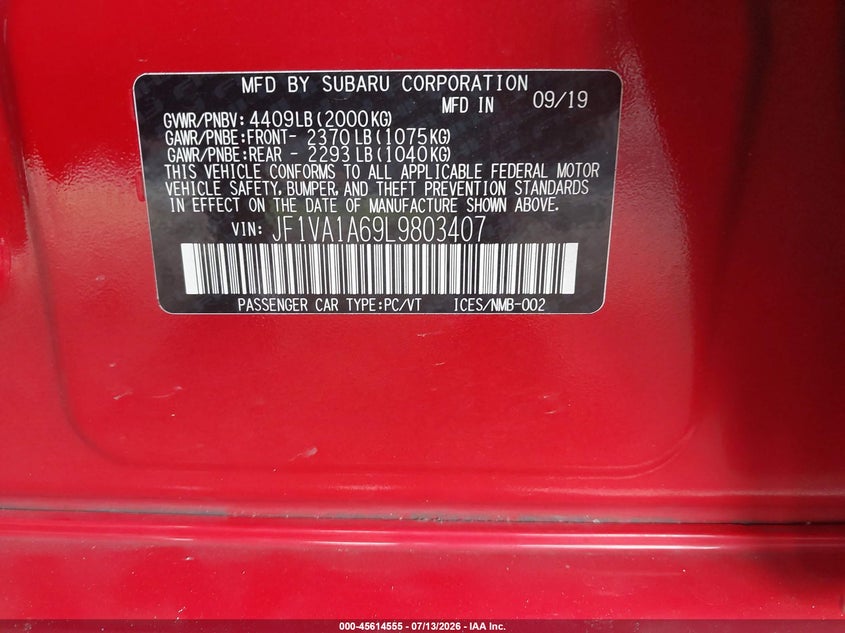 2020 Subaru Wrx VIN: JF1VA1A69L9803407 Lot: 45614555