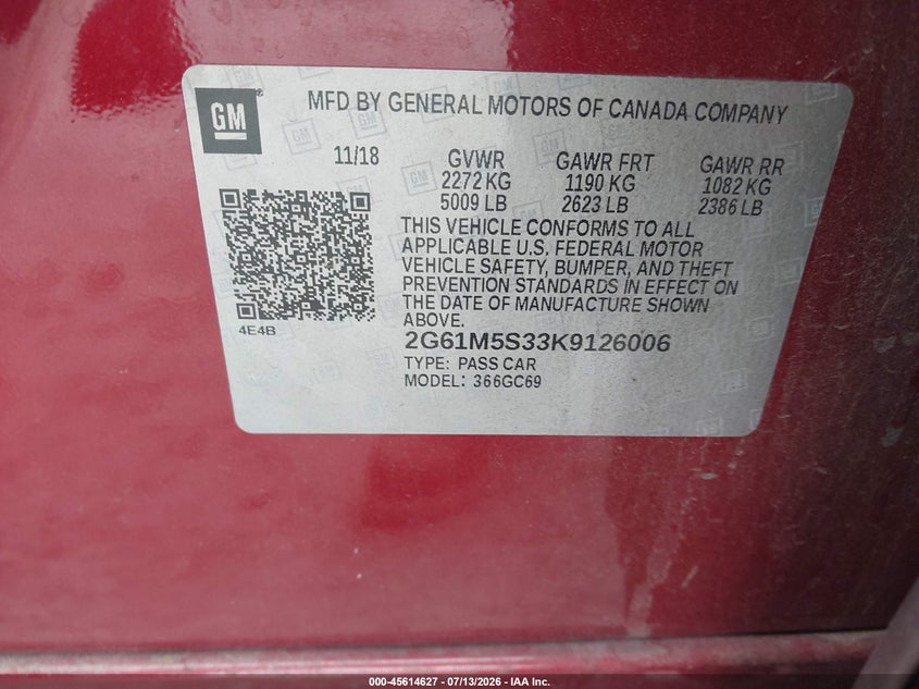 2019 Cadillac Xts Luxury VIN: 2G61M5S33K9126006 Lot: 45614627