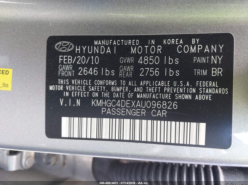 2010 Hyundai Genesis 3.8 VIN: KMHGC4DEXAU096826 Lot: 45614631