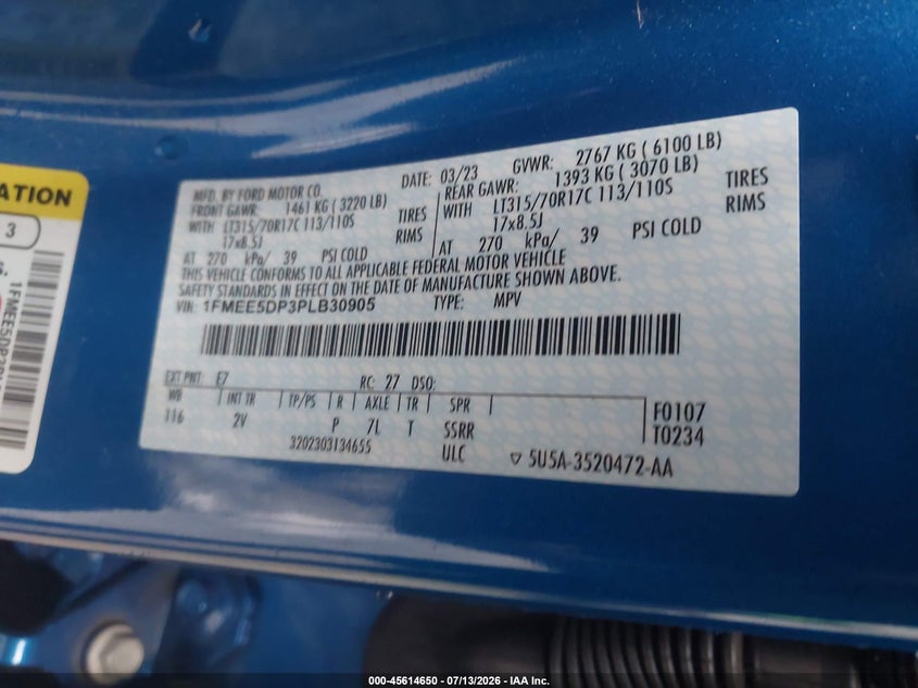 2023 Ford Bronco Outer Banks VIN: 1FMEE5DP3PLB30905 Lot: 45614650