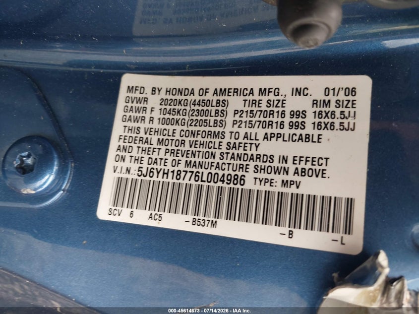2006 Honda Element Ex-P VIN: 5J6YH18776L004986 Lot: 45614673