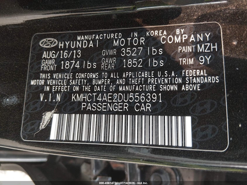 2013 Hyundai Accent Gls VIN: KMHCT4AE2DU556391 Lot: 45614724