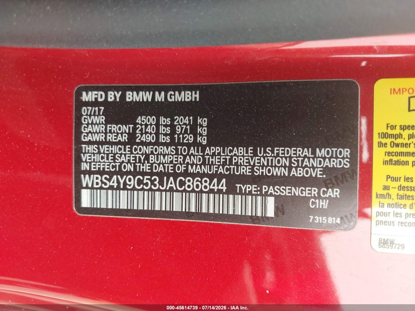 2018 BMW M4 VIN: WBS4Y9C53JAC86844 Lot: 45614739