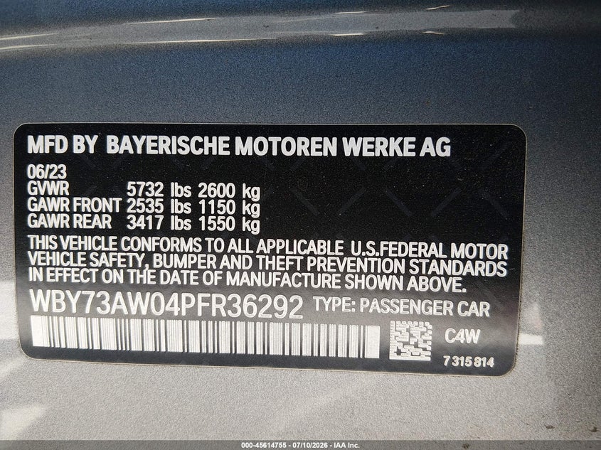 2023 BMW I4 Edrive40 VIN: WBY73AW04PFR36292 Lot: 45614755