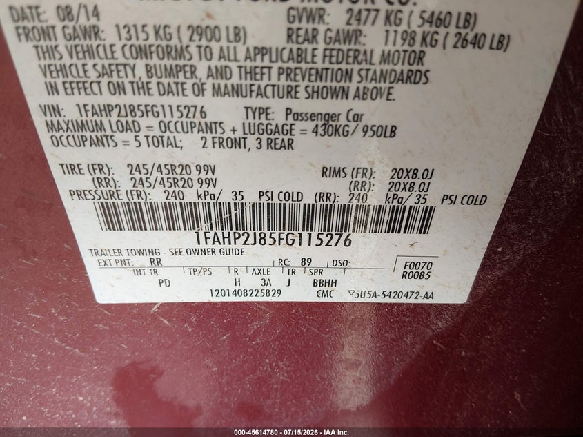 2015 Ford Taurus Limited VIN: 1FAHP2J85FG115276 Lot: 45614780