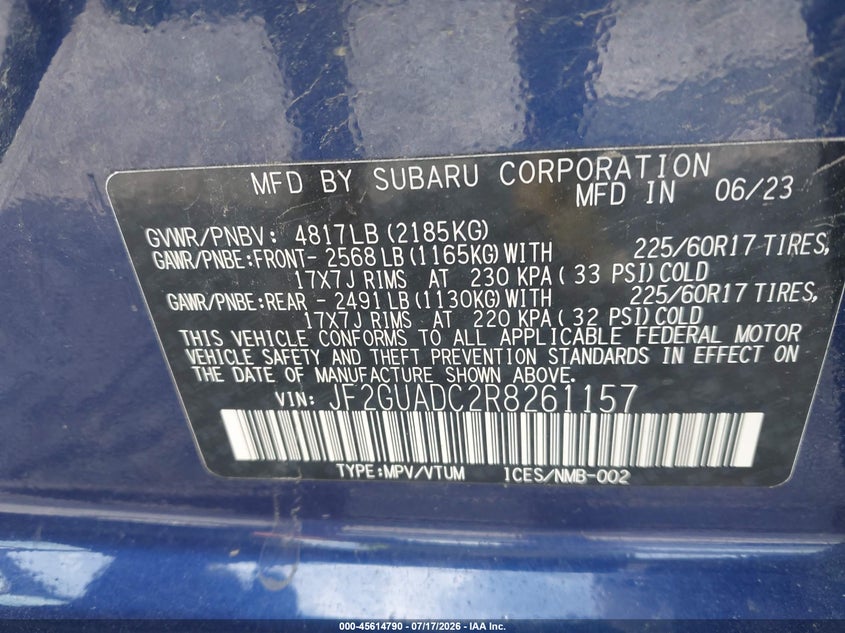 2024 Subaru Crosstrek Premium VIN: JF2GUADC2R8261157 Lot: 45614790