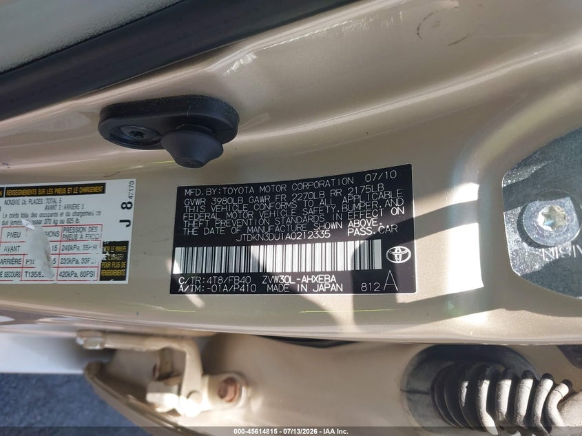 2010 Toyota Prius Ii VIN: JTDKN3DU1A0212335 Lot: 45614815