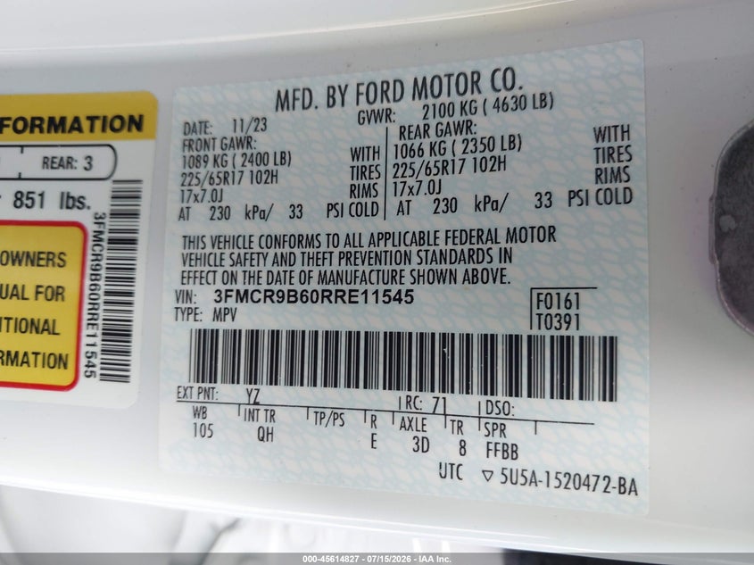 2024 Ford Bronco Sport Big Bend VIN: 3FMCR9B60RRE11545 Lot: 45614827