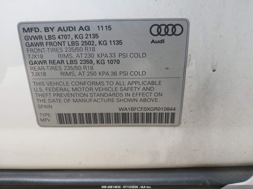 2016 Audi Q3 2.0T Premium Plus VIN: WA1BFCFSXGR010844 Lot: 45614830