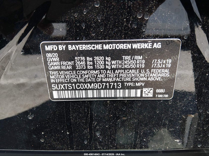2021 BMW X3 Phev xDrive30E VIN: 5UXTS1C0XM9D71713 Lot: 45614843