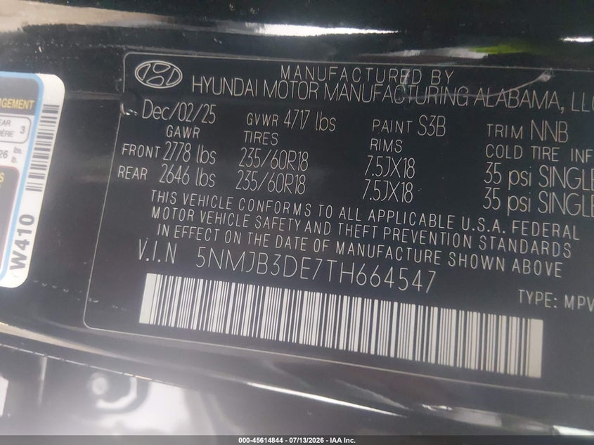 2026 Hyundai Tucson Sel VIN: 5NMJB3DE7TH664547 Lot: 45614844