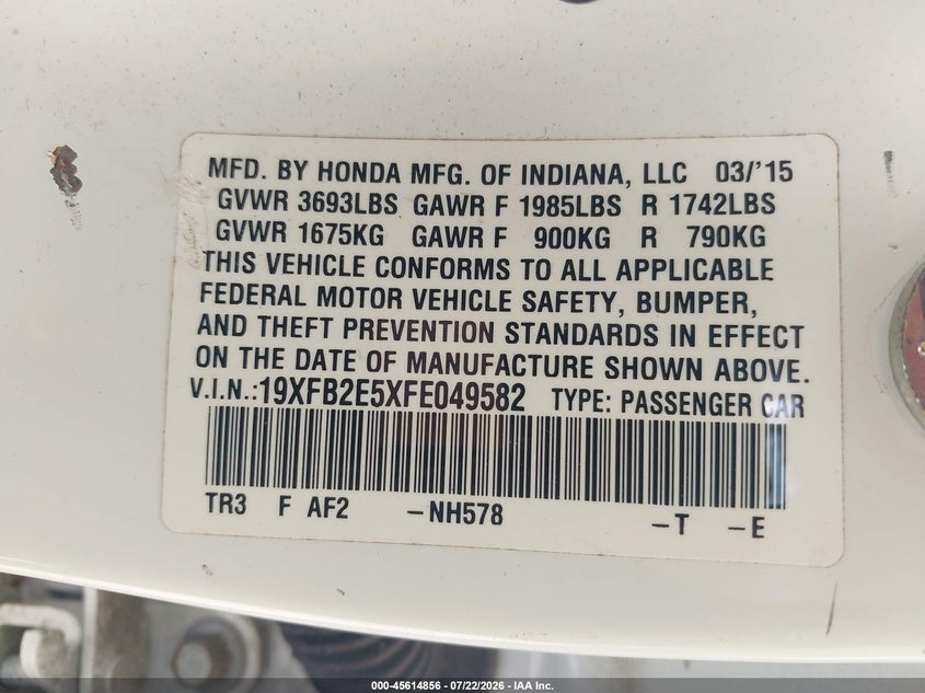 2015 HONDA CIVIC SEDAN 1.8L I-4 VVT, 143HP