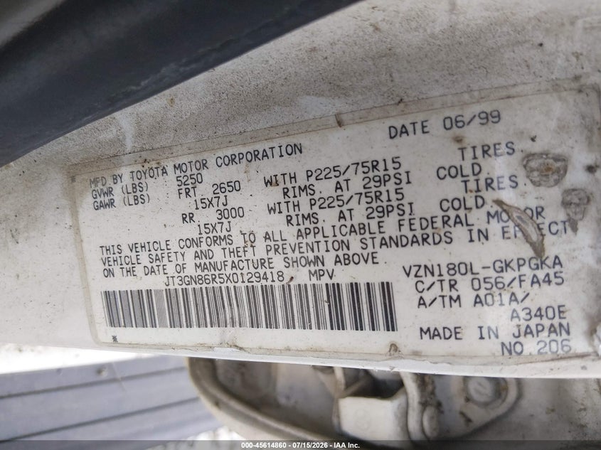 TOYOTA 4RUNNER 1999 VIN JT3GN86R5X0129418
