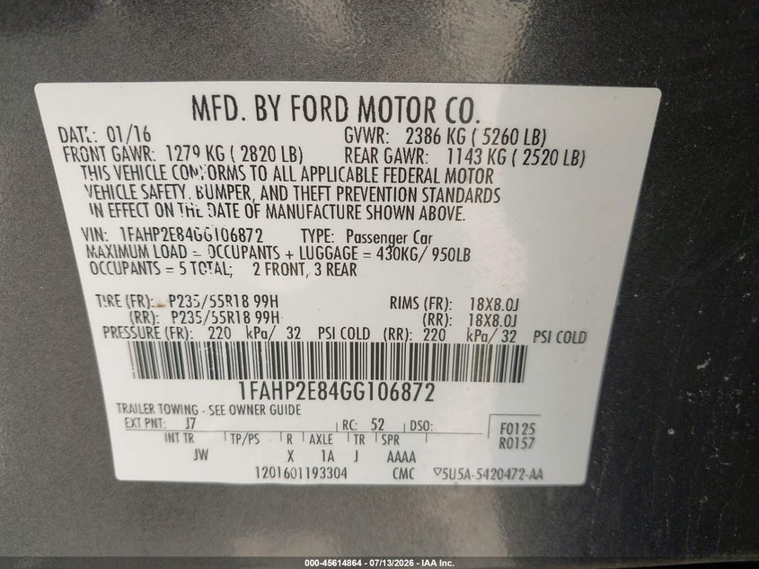 2016 Ford Taurus Sel VIN: 1FAHP2E84GG106872 Lot: 45614864