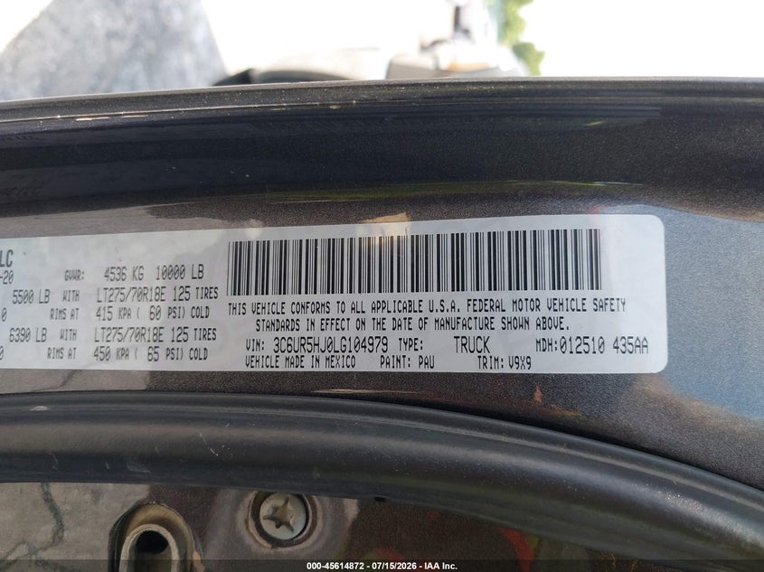 2020 Ram 2500 Tradesman 4X4 8' Box VIN: 3C6UR5HJ0LG104979 Lot: 45614872