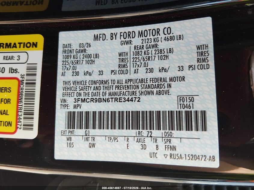 2026 Ford Bronco Sport Big Bend VIN: 3FMCR9BN6TRE34472 Lot: 45614887