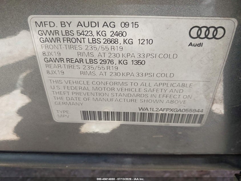 2016 Audi Q5 2.0T Premium VIN: WA1L2AFPXGA055944 Lot: 45614888