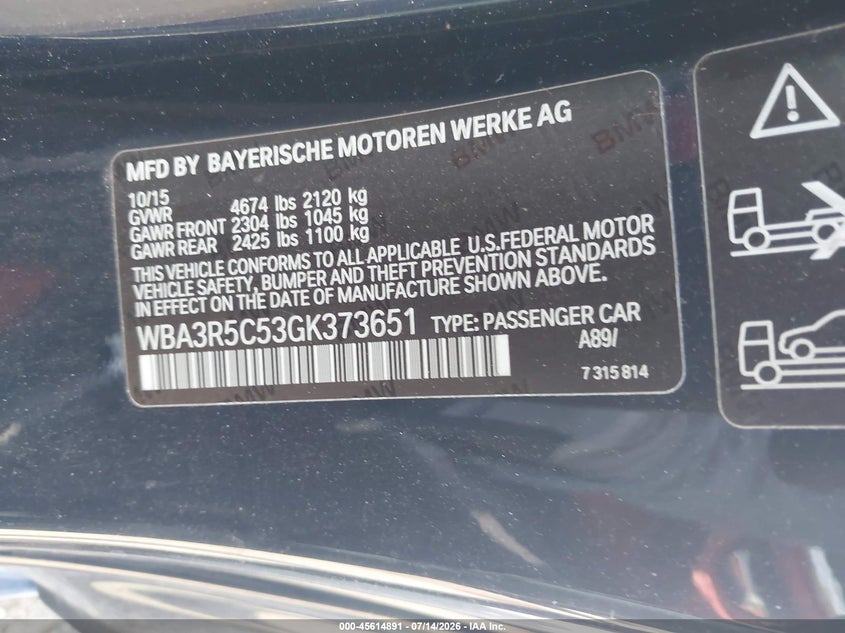 2016 BMW 435I xDrive VIN: WBA3R5C53GK373651 Lot: 45614891