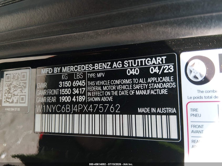 2023 Mercedes-Benz G 550 4Matic VIN: W1NYC6BJ4PX475762 Lot: 45614892