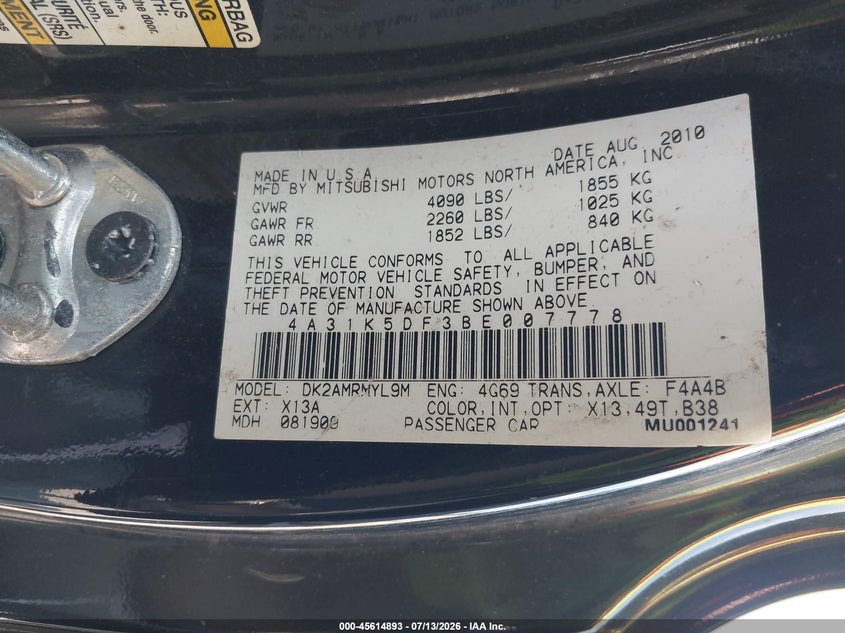 2011 Mitsubishi Eclipse Gs/Gs Sport VIN: 4A31K5DF3BE007778 Lot: 45614893