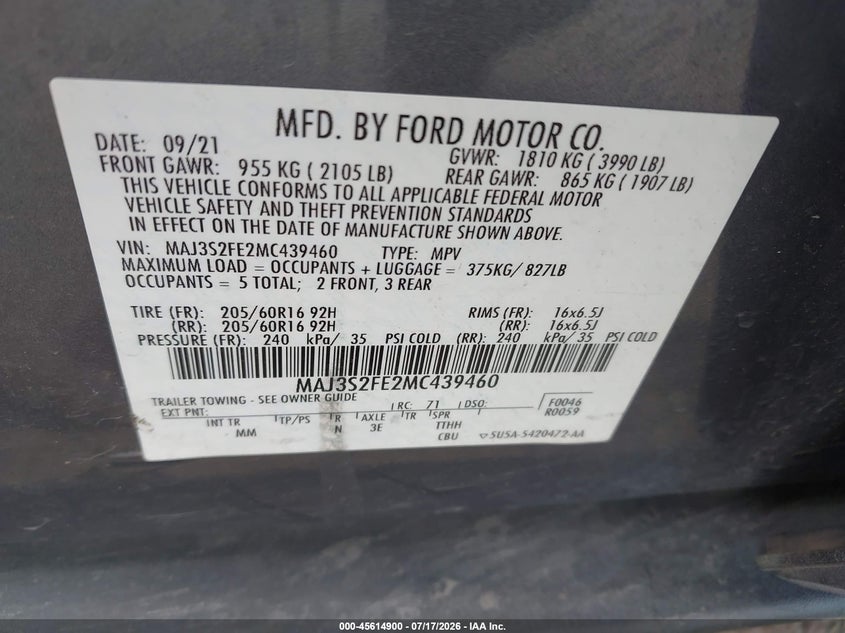 2021 Ford Ecosport S VIN: MAJ3S2FE2MC439460 Lot: 45614900