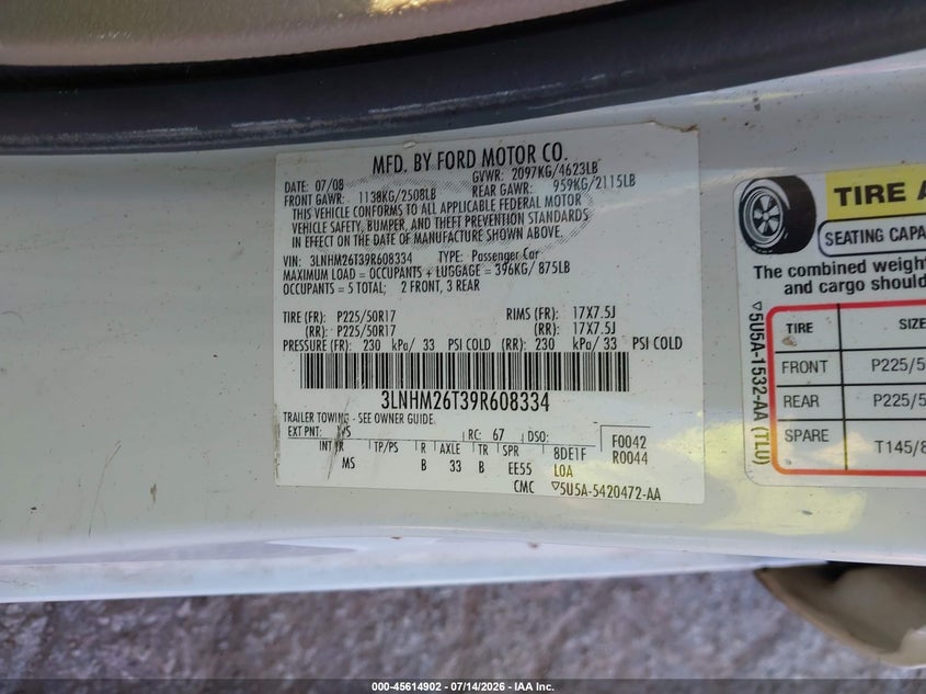 2009 Lincoln Mkz VIN: 3LNHM26T39R608334 Lot: 45614902