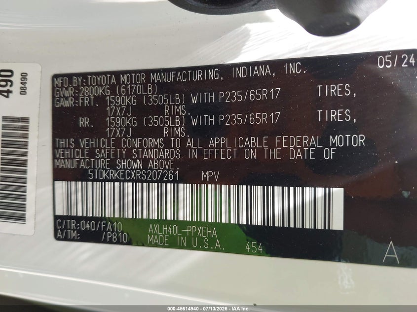 2024 Toyota Sienna Le VIN: 5TDKRKECXRS207261 Lot: 45614940