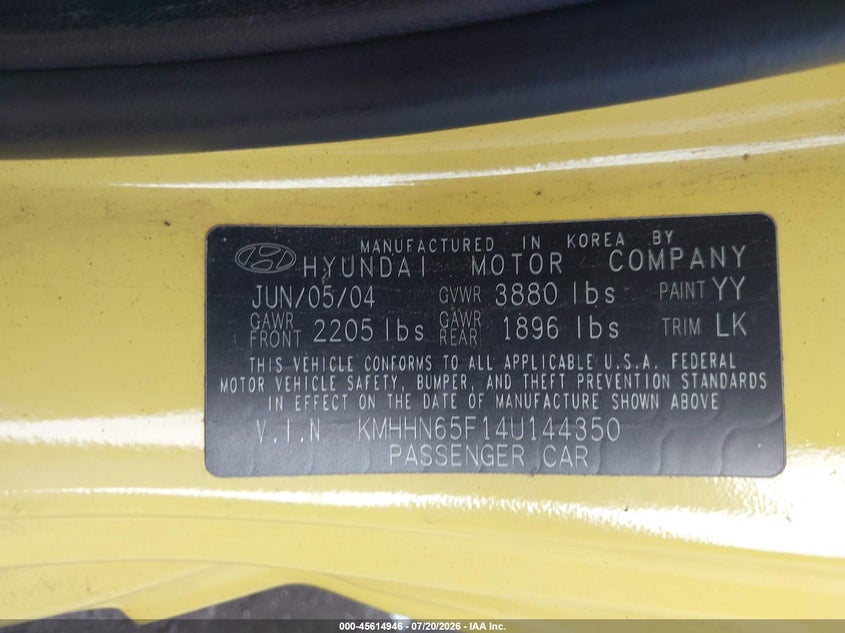 2004 Hyundai Tiburon Gt V6/Gt V6 Special Edition VIN: KMHHN65F14U144350 Lot: 45614946