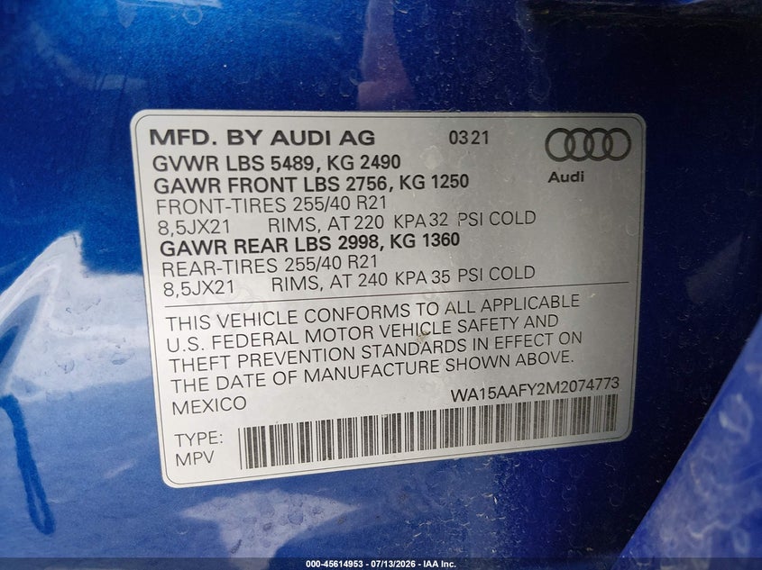 2021 Audi Q5 Sportback Premium Plus 45 Tfsi Quattro S Tronic VIN: WA15AAFY2M2074773 Lot: 45614953