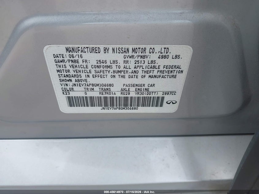 2016 Infiniti Q50 3.0T Premium VIN: JN1EV7AP8GM304680 Lot: 45614970