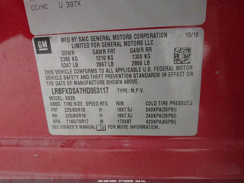 2017 Buick Envision Essence VIN: LRBFXDSA7HD063117 Lot: 45614990