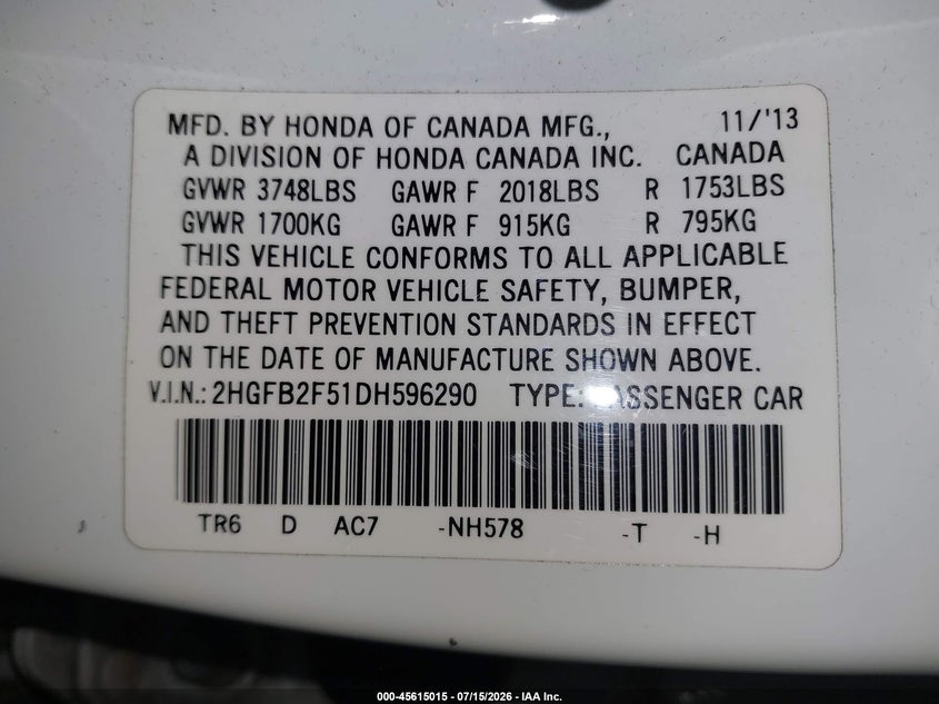 HONDA CIVIC 2013 VIN 2HGFB2F51DH596290