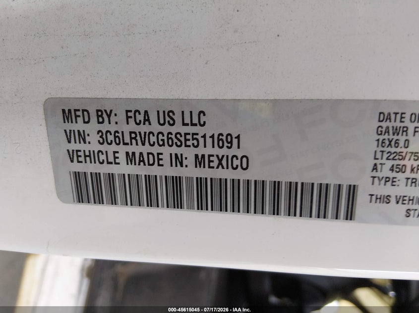 2025 Ram Promaster 2500 Tradesman High Roof 136 Wb W/Pass Seat VIN: 3C6LRVCG6SE511691 Lot: 45615045