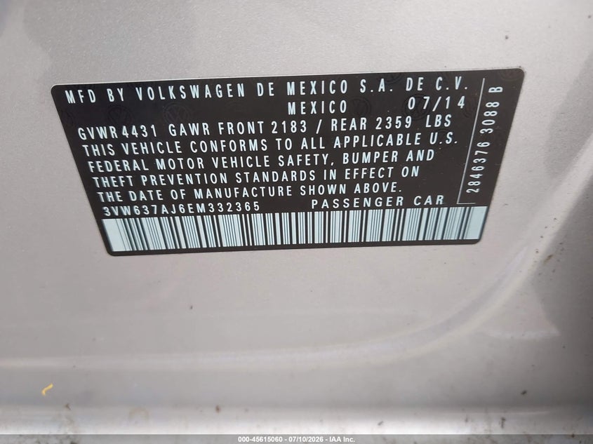 2014 Volkswagen Jetta Hybrid Sel VIN: 3VW637AJ6EM332365 Lot: 45615060