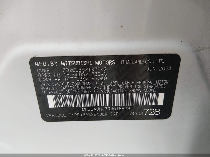 2024 Mitsubishi Mirage Es/Le VIN: ML32AUHJ7RH018829 Lot: 45615077