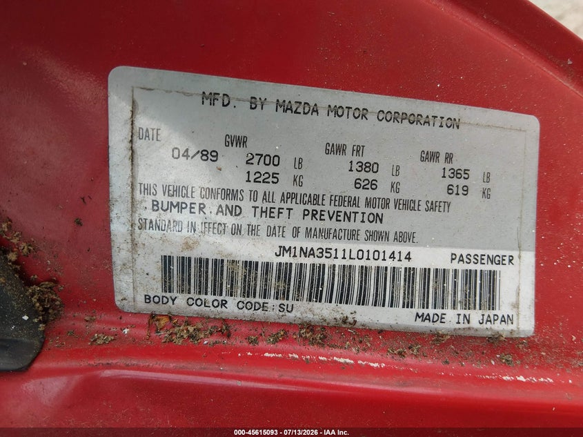 1990 Mazda Mx-5 Miata VIN: JM1NA3511L0101414 Lot: 45615093