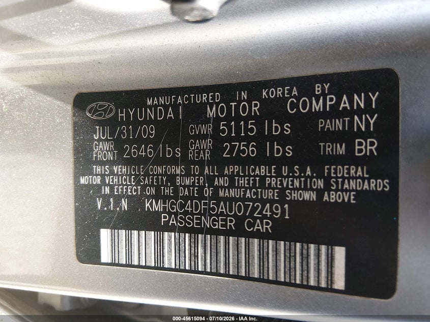 2010 Hyundai Genesis 4.6 VIN: KMHGC4DF5AU072491 Lot: 45615094