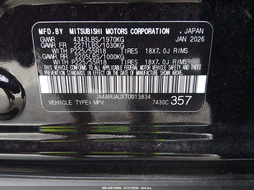 2026 Mitsubishi Outlander Sport 2.0 Es/2.0 Le/2.0 Ralliart/2.0 S/2.0 Se/2.0 Trail Edition VIN: JA4ARUAUXTU013834 Lot: 45615099