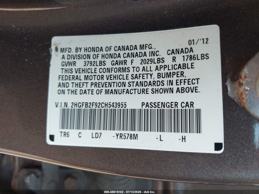 2012 Honda Civic Ex-L VIN: 2HGFB2F92CH543955 Lot: 45615102